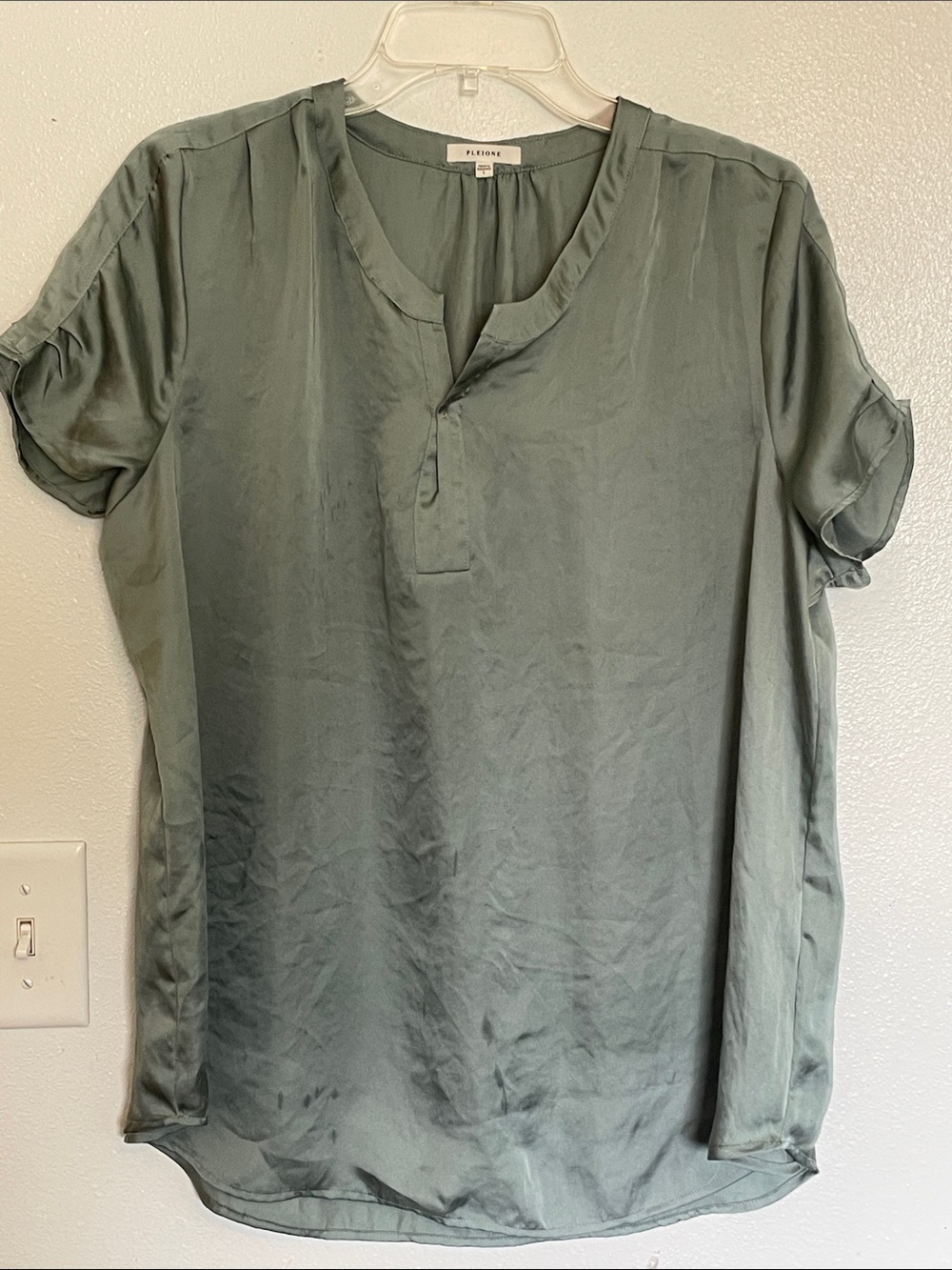 Pleione Slate Green Short-Sleeve Henley Blouse